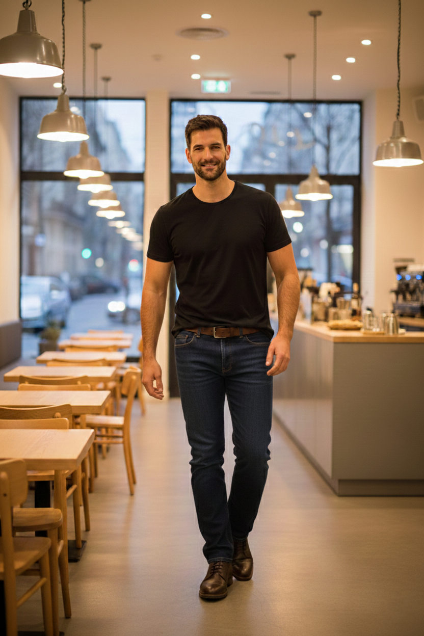 Elegant - Mens Regular Fit Black Round Neck Cotton T-Shirt