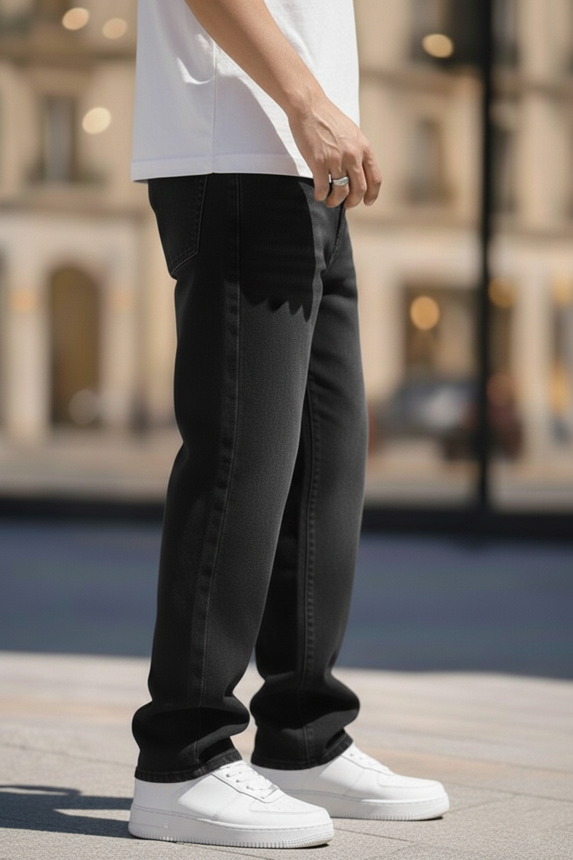 Elegant - Mens Relaxed Fit Mid-Rise Stretchable Lightly Faded Jeans Black