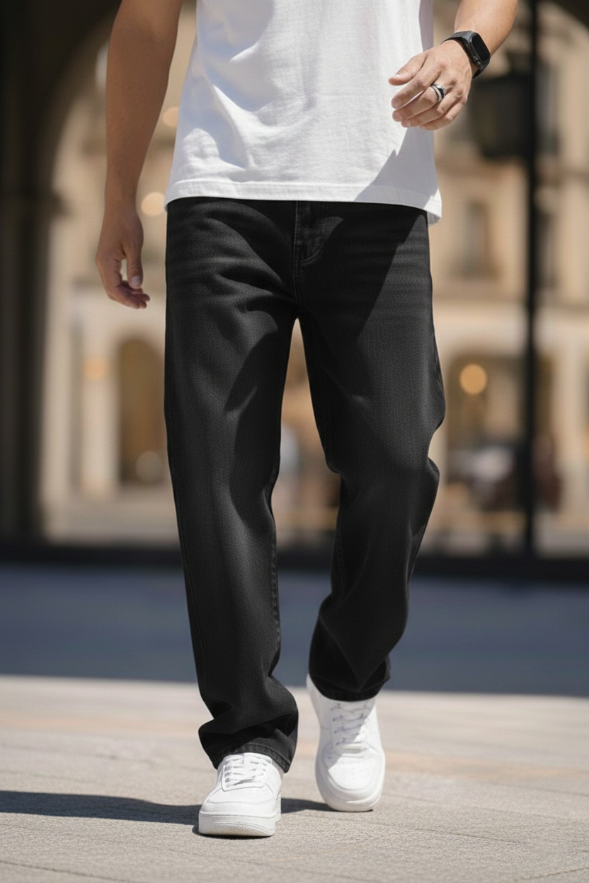 Elegant - Mens Relaxed Fit Mid-Rise Stretchable Lightly Faded Jeans Black