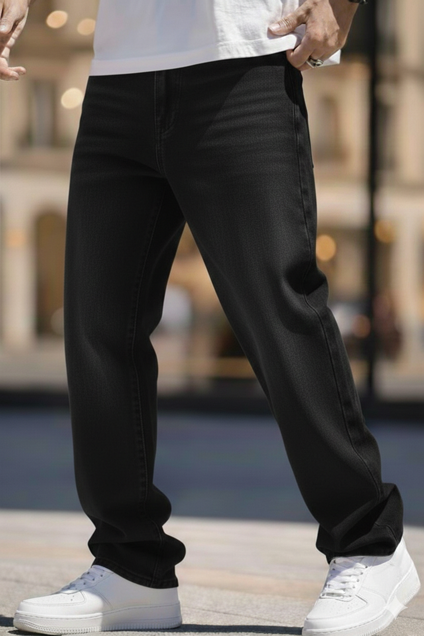 Elegant - Mens Relaxed Fit Mid-Rise Stretchable Lightly Faded Jeans Black