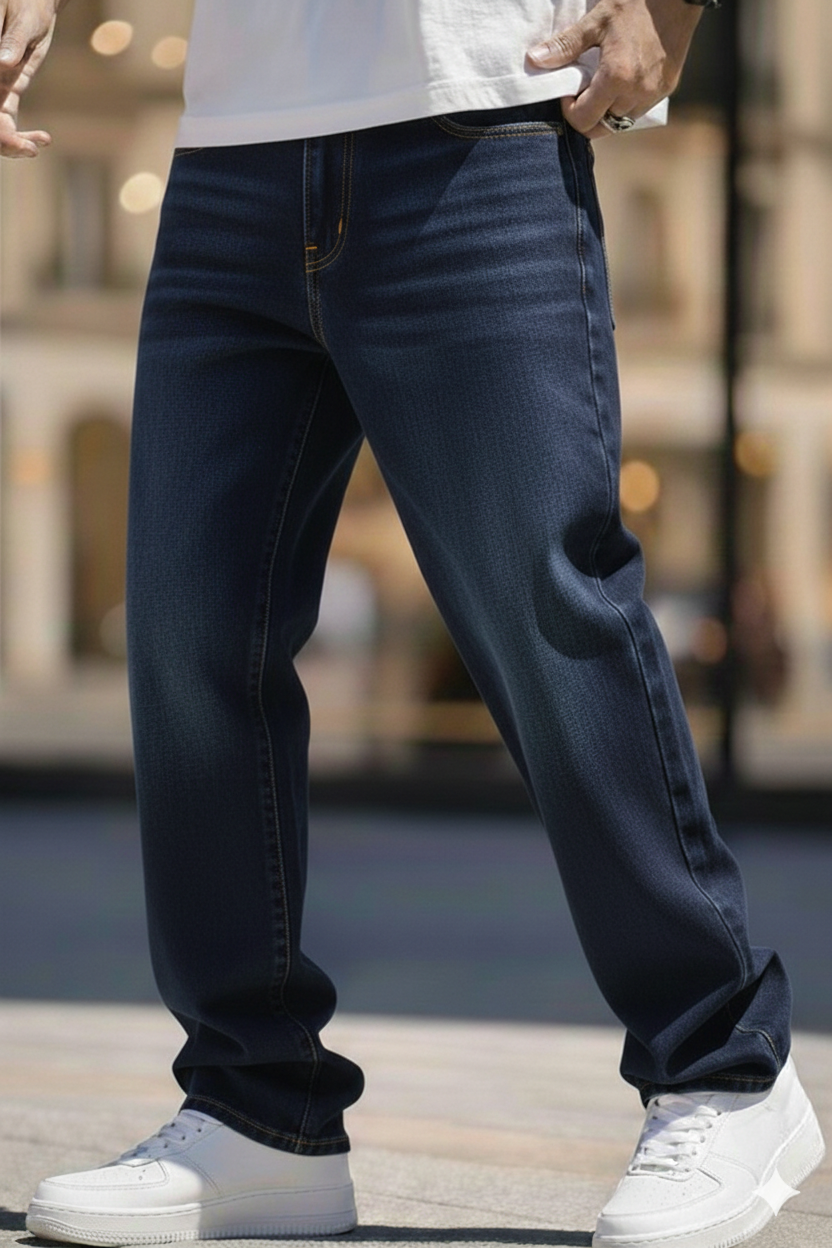 Elegant - Mens Relaxed Fit Mid-Rise Stretchable Faded Jeans Blue