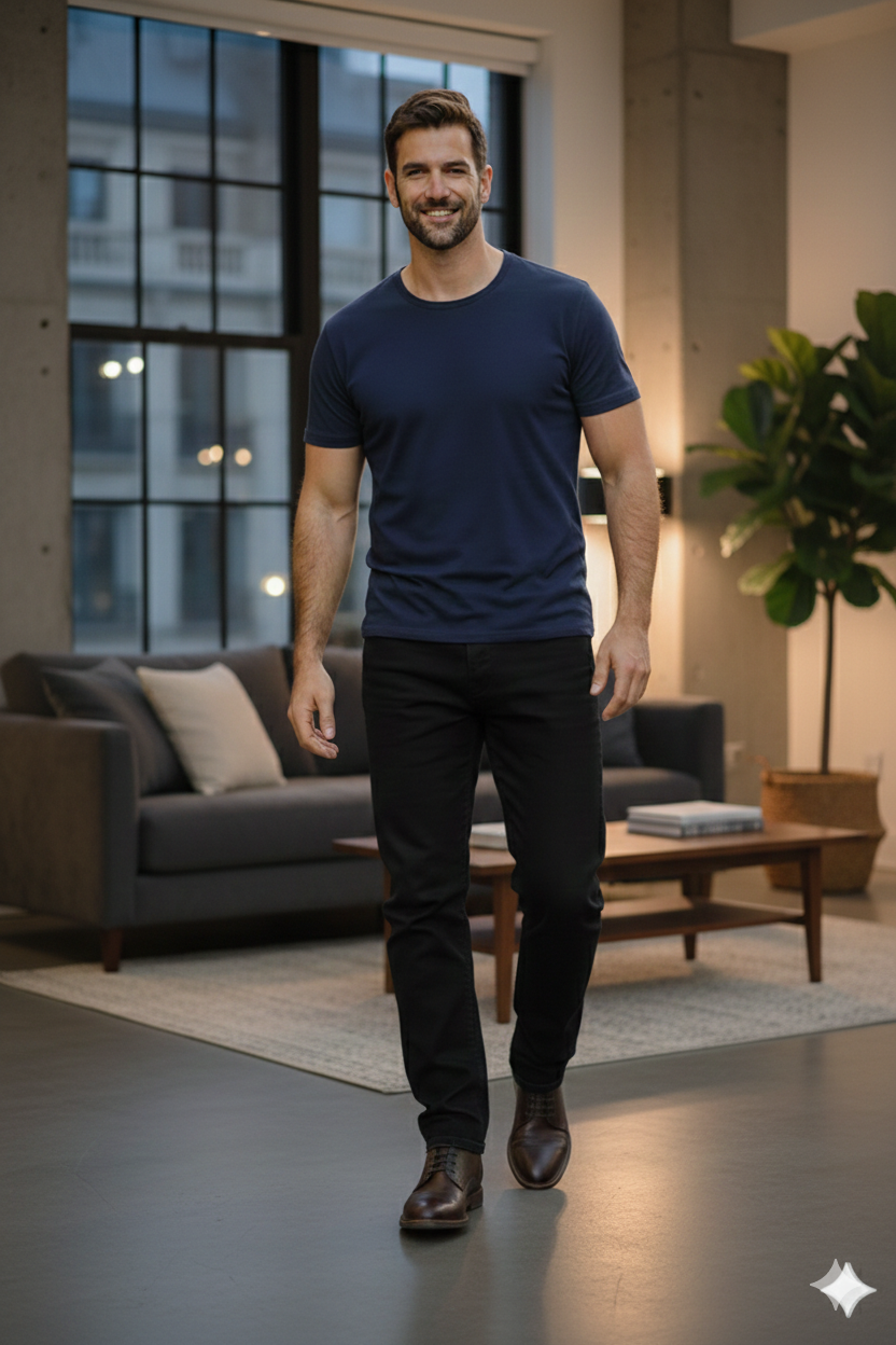 Mens Regular Fit Blue Round Neck Cotton T-Shirt