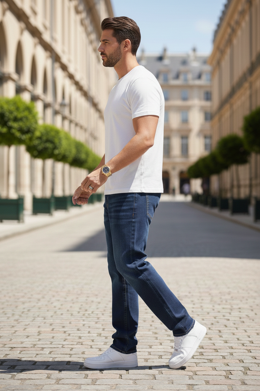 Elegant - Mens Relaxed Fit Mid-Rise Stretchable Faded Jeans Blue
