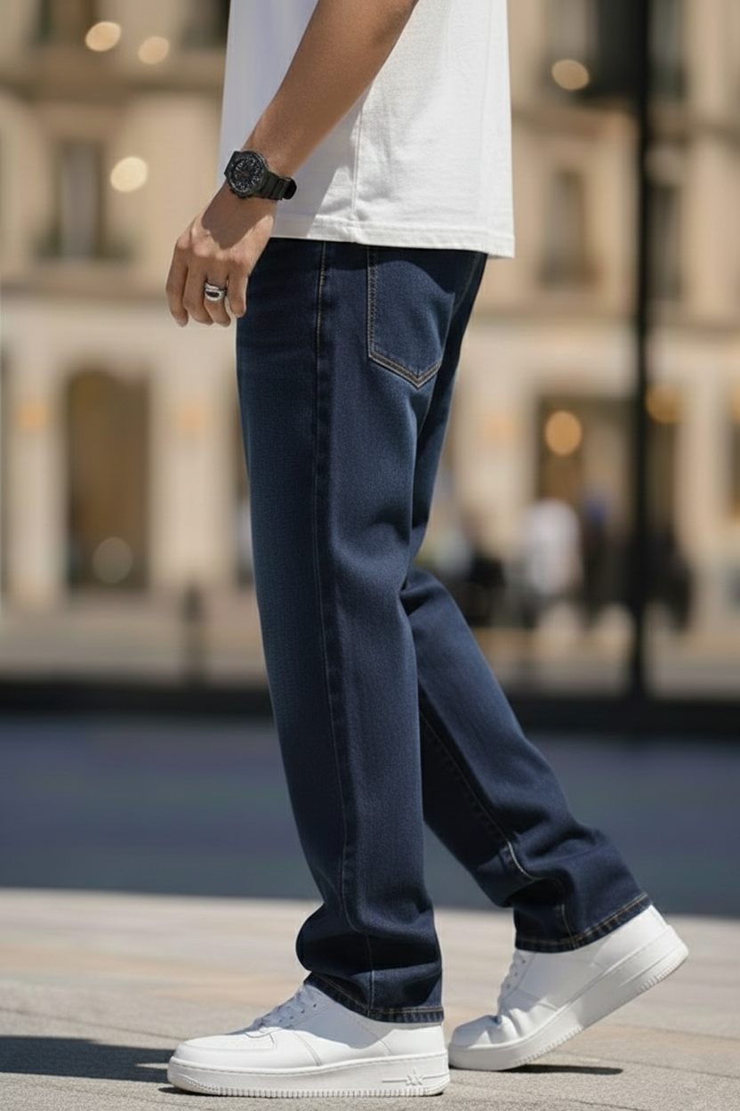 Elegant - Mens Relaxed Fit Mid-Rise Stretchable Faded Jeans Blue