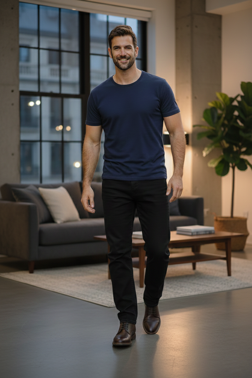 Elegant - Mens Regular Fit Blue Round Neck Cotton T-Shirt