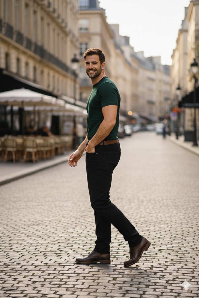 Mens Regular Fit Green Round Neck Cotton T-Shirt