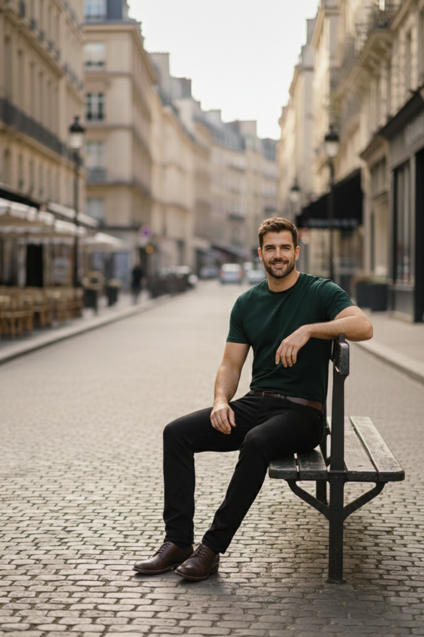 Elegant - Mens Regular Fit Green Round Neck Cotton T-Shirt