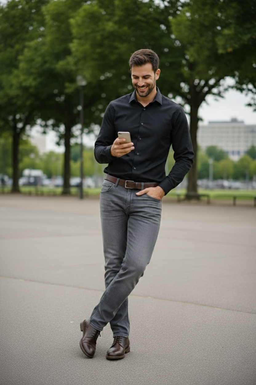 Elegant - Mens Regular Fit Mid-Rise Stretchable Jeans Grey