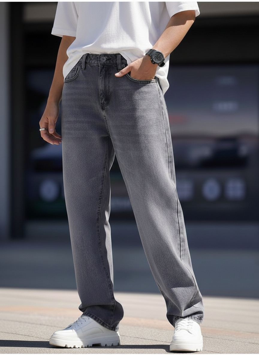 Elegant - Mens Relaxed Fit High-Rise Mildly Distressed Light Faded Stretchable Jeans Grey