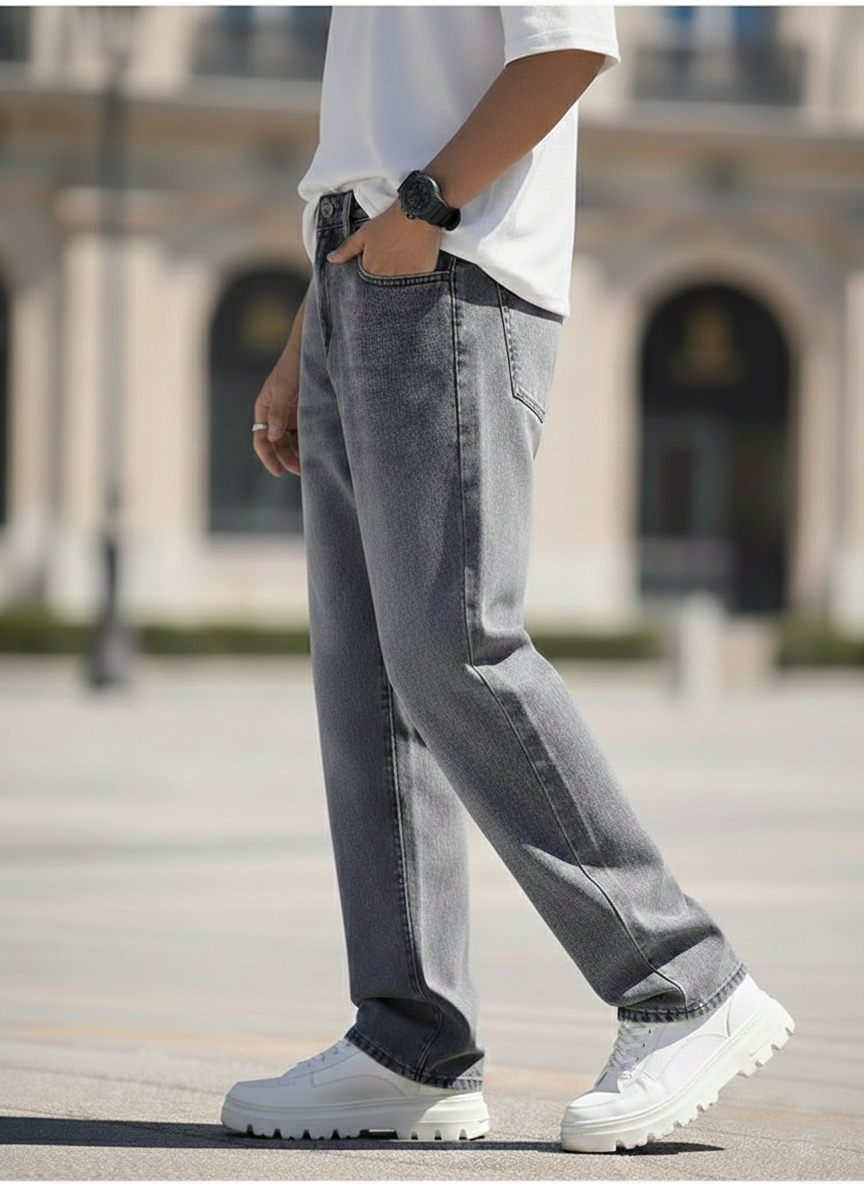 Elegant - Mens Relaxed Fit High-Rise Mildly Distressed Light Faded Stretchable Jeans Grey