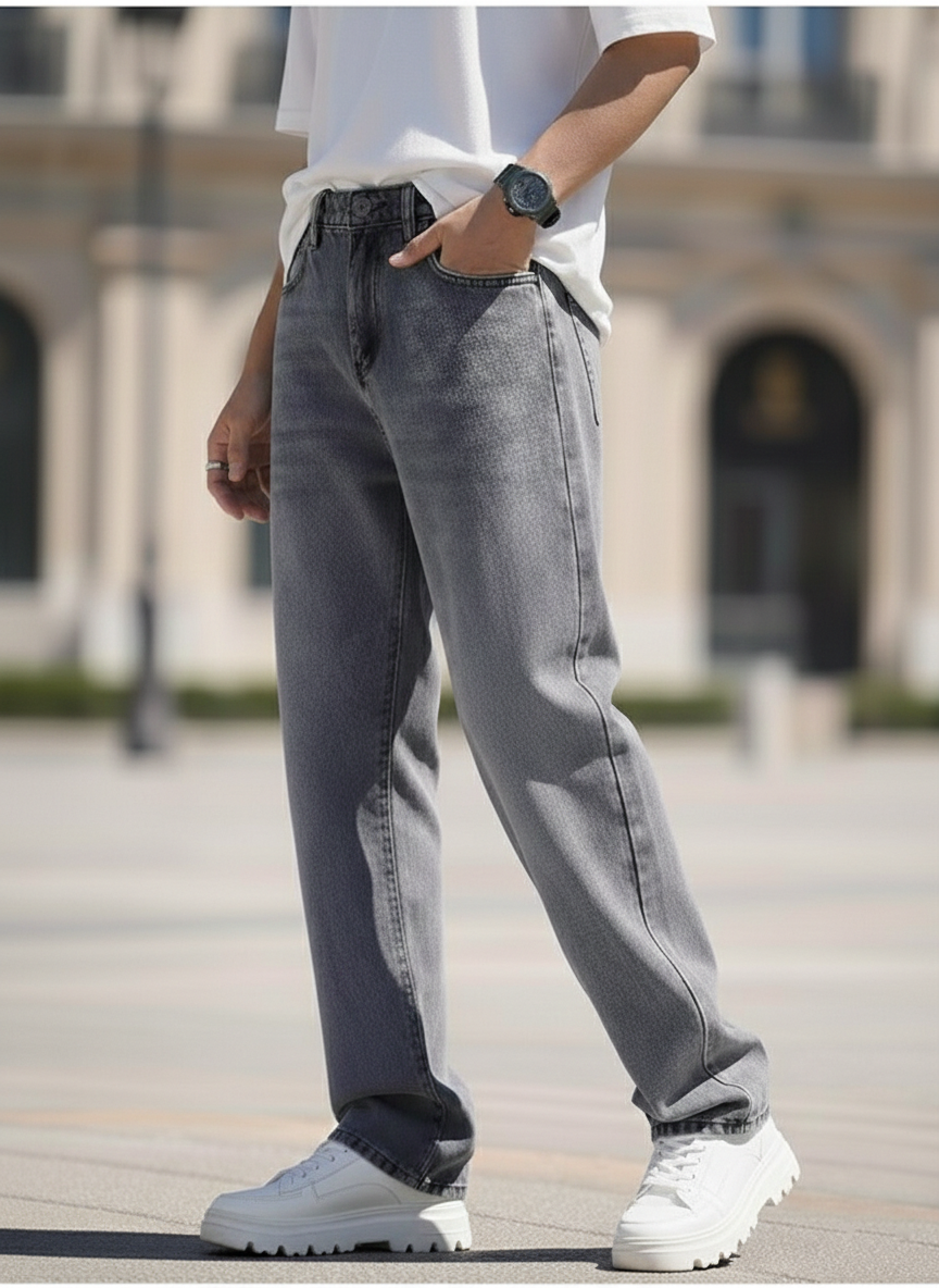 Elegant - Mens Relaxed Fit High-Rise Mildly Distressed Light Faded Stretchable Jeans Grey