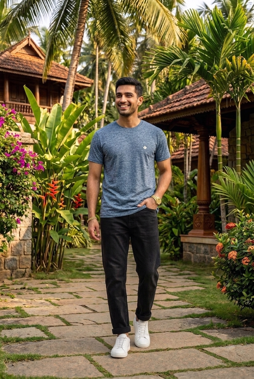 Elegant - Men's Blue Melange Crew Neck T-Shirt