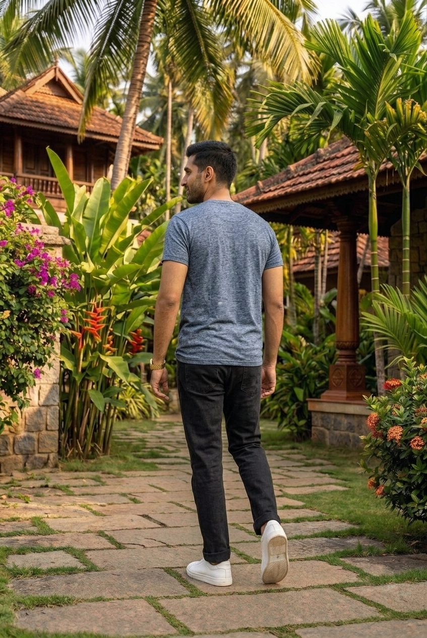 Elegant - Men's Blue Melange Crew Neck T-Shirt