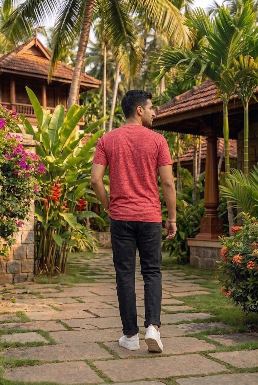Elegant - Men's Red Melange Crew Neck T-Shirt