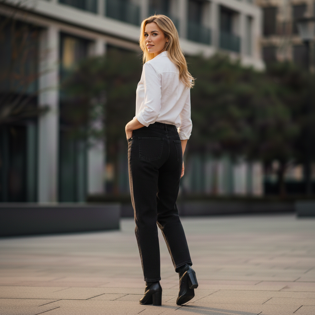 Elegant - Womens Mom Jeans High-Rise Stretchable Black