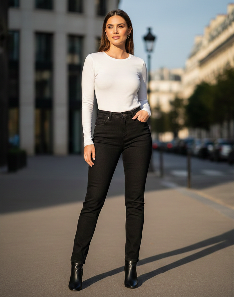 Elegant - Womens Slim Jeans High-Rise Stretchable Black